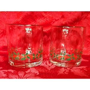 Vintage 2 Libbeys Gold Rimmed Glass Christmas Holly Berry Mugs Cups‎